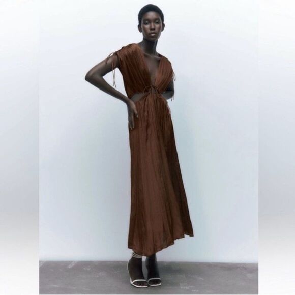 Zara Dresses & Skirts - BROWN SATIN EFFECT CUT OUT PLEATEDMAXI DRESS L